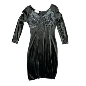 Orlando Rossi Vintage Black Velvet Midi Dress Beaded Sculpted Neck Small 90s